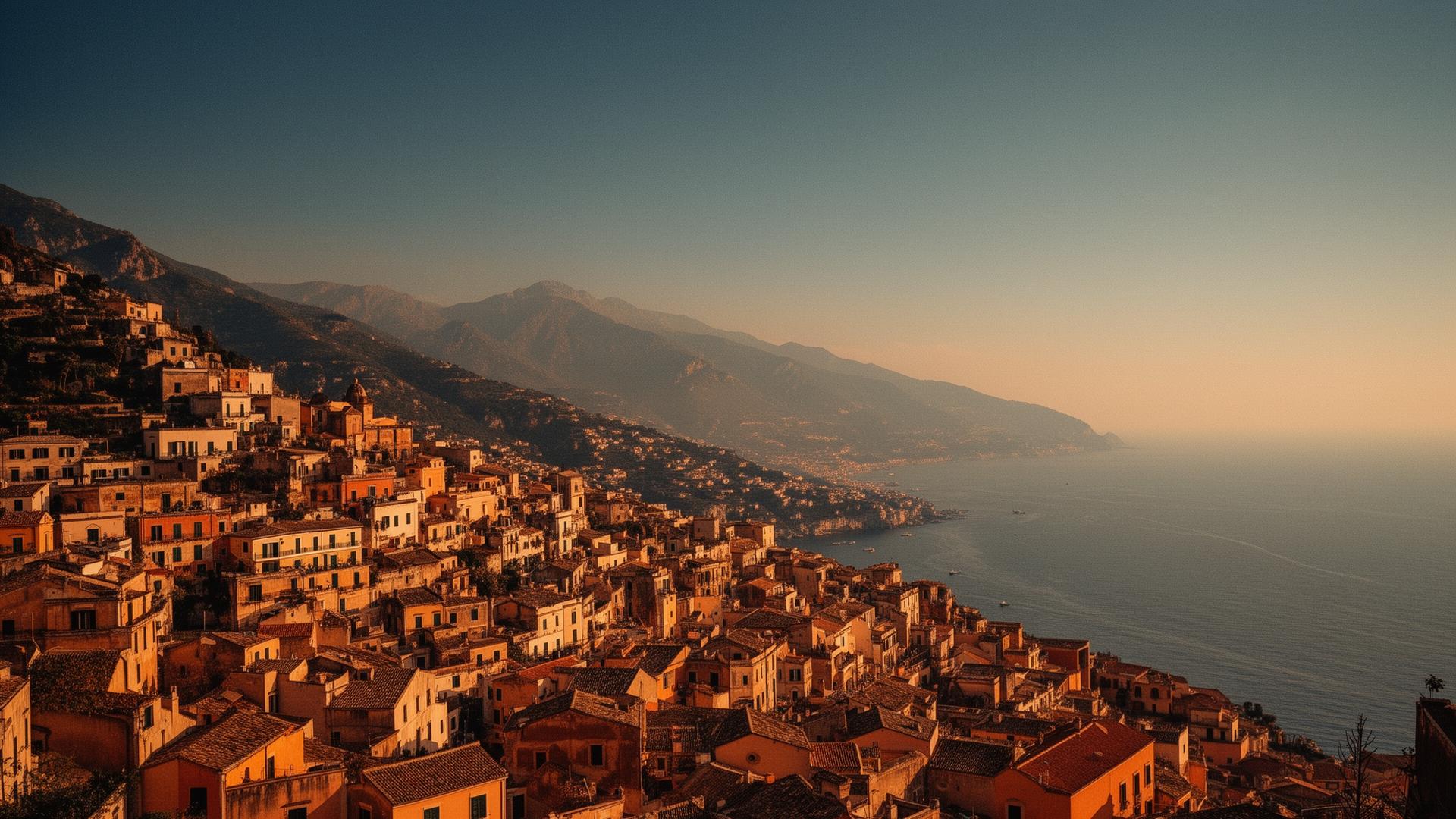 Coastal Mediterranean hilltop town at golden hour